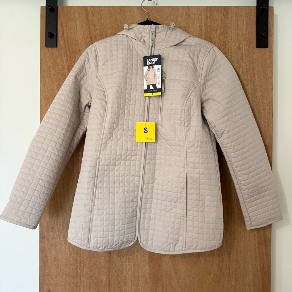 Lands End quilted cream jacket with hood lightweight zip NWT preppy casual- S
